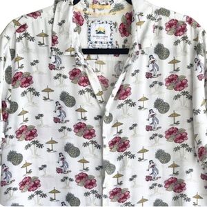 Denim Flower Button Up Shirt Top Mens Size L Hawaiian Novelty Print Men Colorful